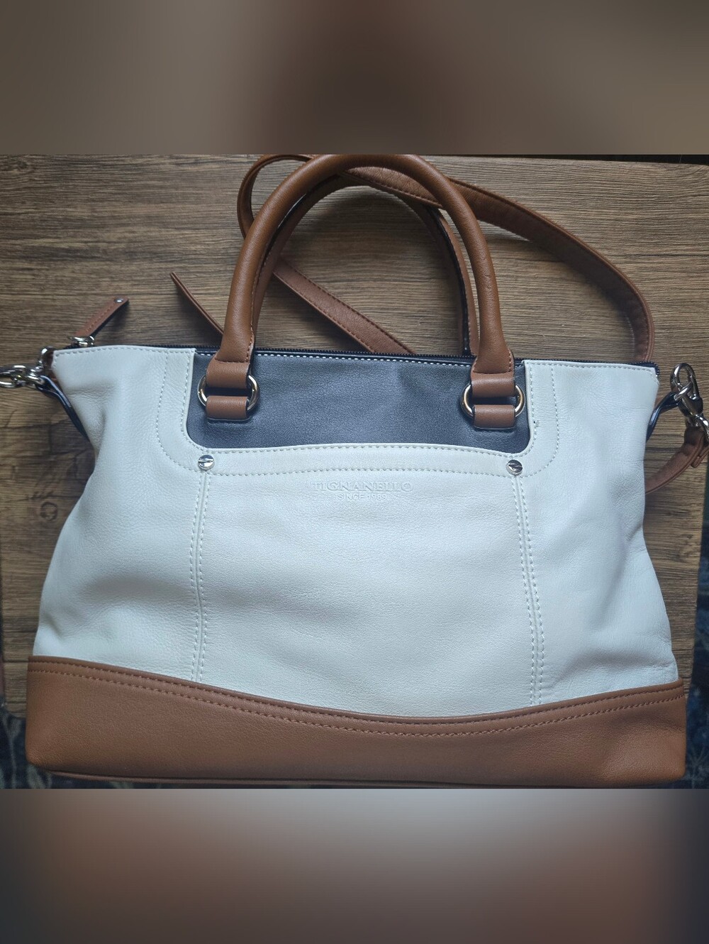 NWT Tignanello Colorblock 100% Leather Medium Satchel - White, Tan & Black